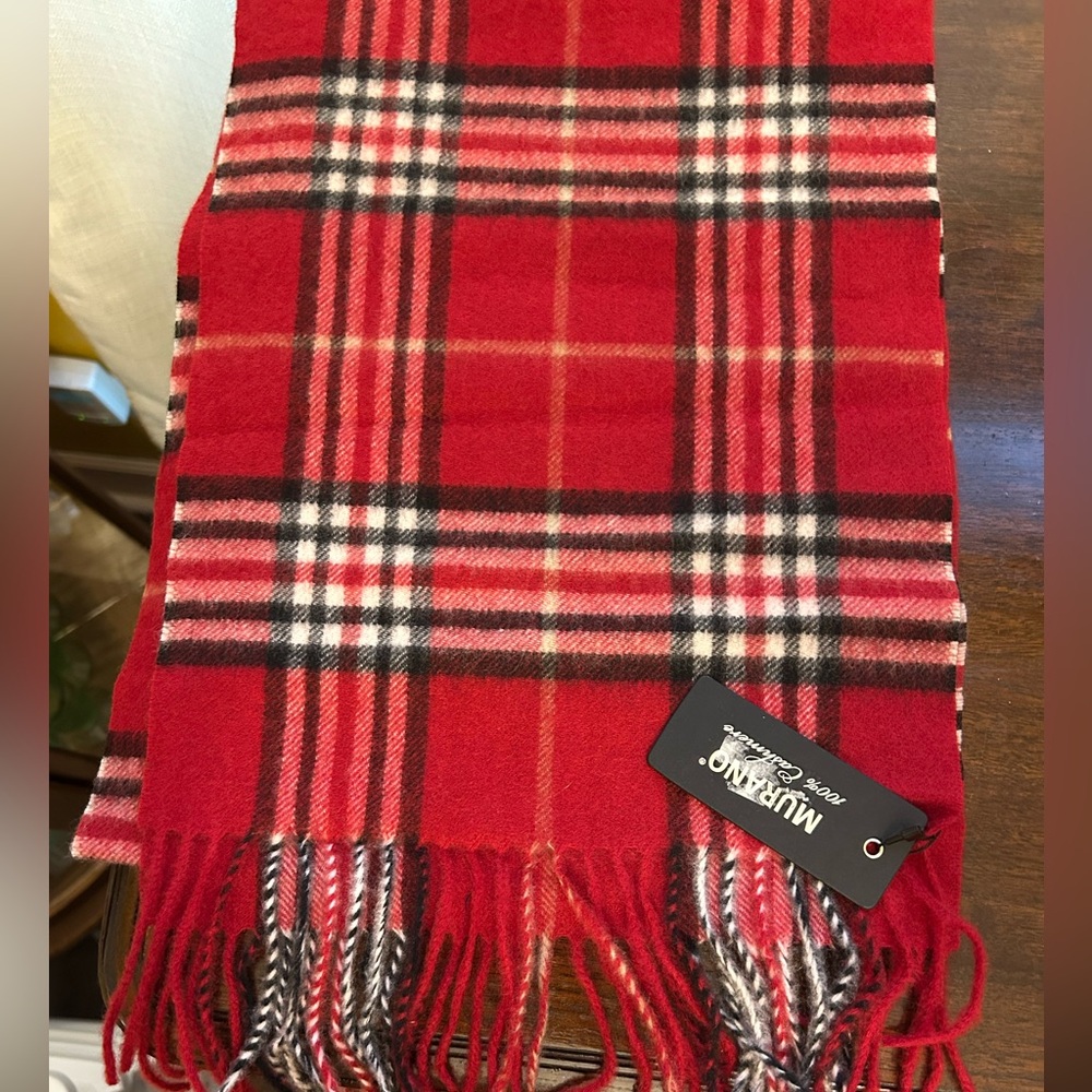 Murano Red Black & White Plaid 100% Cashmere Wool Scarf w/Fringe NWT